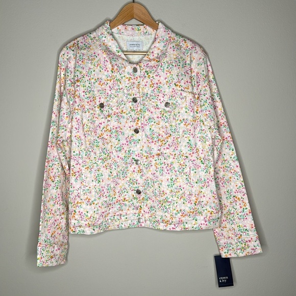 Crown & Ivy Pink Floral Cotton Denim Jacket Women's Size XXL NWT - Picture 1 of 10